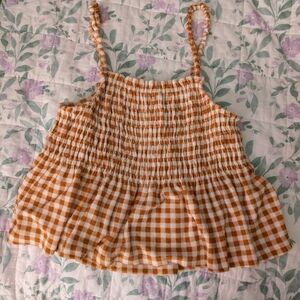 SO Women's Large Golden Brown, Orange, And White Gingham Babydoll Crop Top